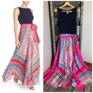 Eliza J Scarf Print Jersey & Crêpe de Chine Maxi Dress Sleeveless